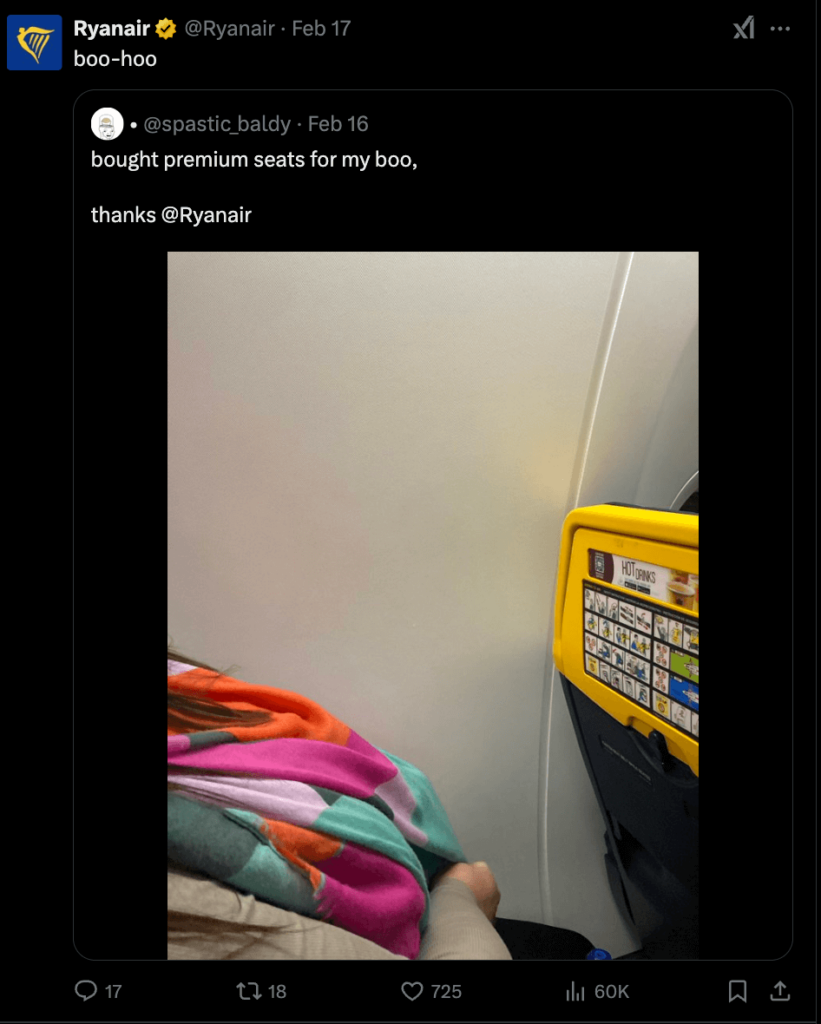 Irish airlines RyanAir's X post where it engages in light-hearted banter to keep customers engaged.
